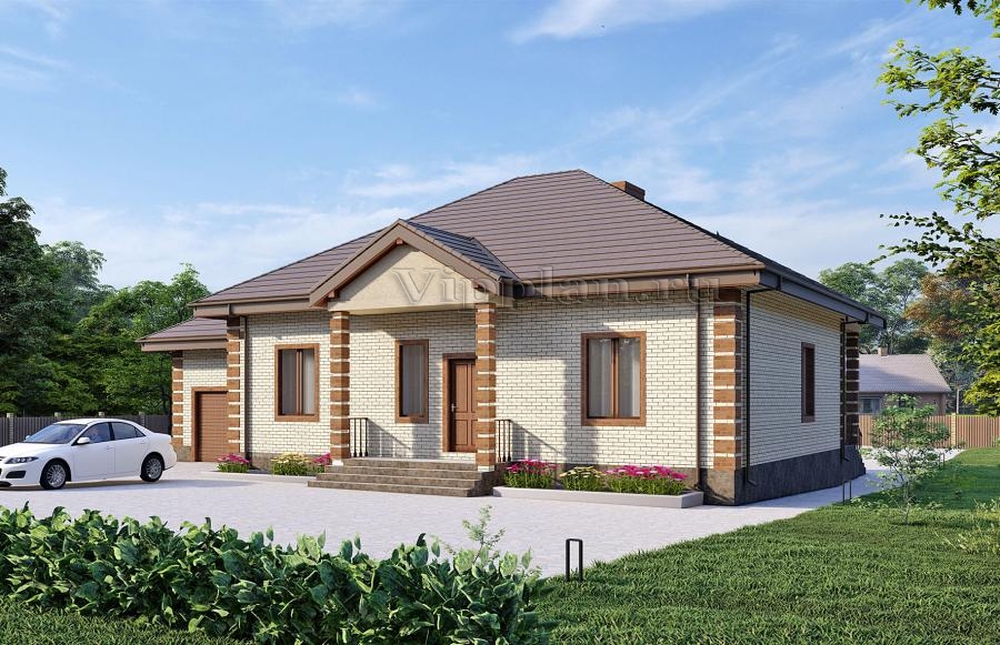 Одноэтажный жилой дом с гаражем и террасой.