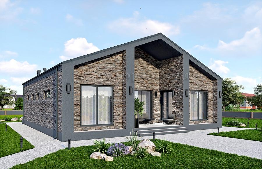 Одноэтажный дом с кабинетом, террасой и облицовкой фиброцементными панелями