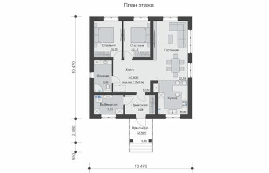 Одноэтажный дом с просторной гостиной и двумя спальнями